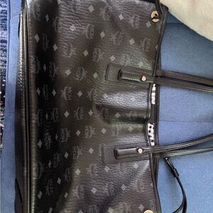 MCM Black Logo Patterned Tote- visetos authentic